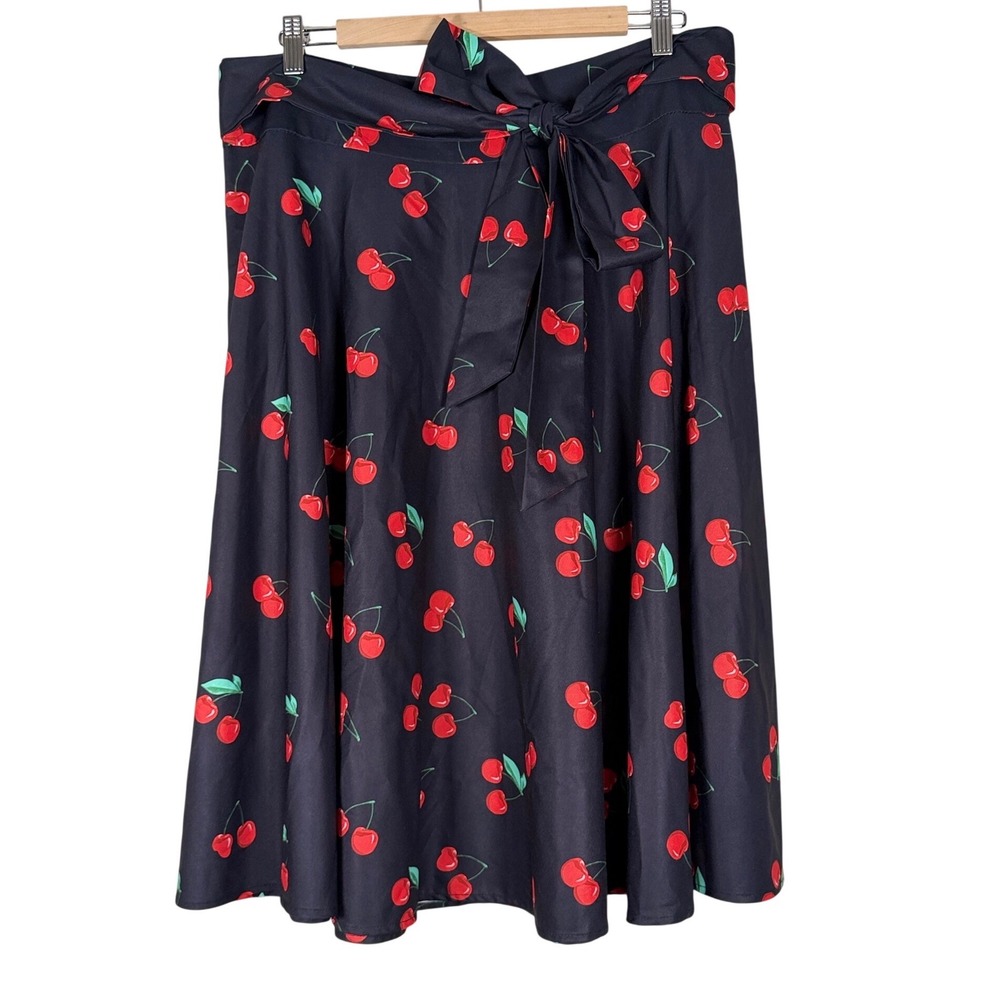 Belle Poque Womens Cherry Print Midi Skirt Black Red Rockabilly A-Line XL retro‎